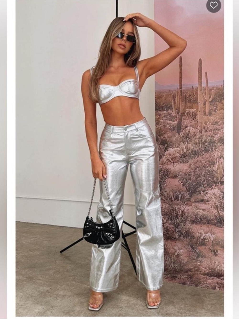 White Fox Boutique Silver Metallic Wide-Leg Pants